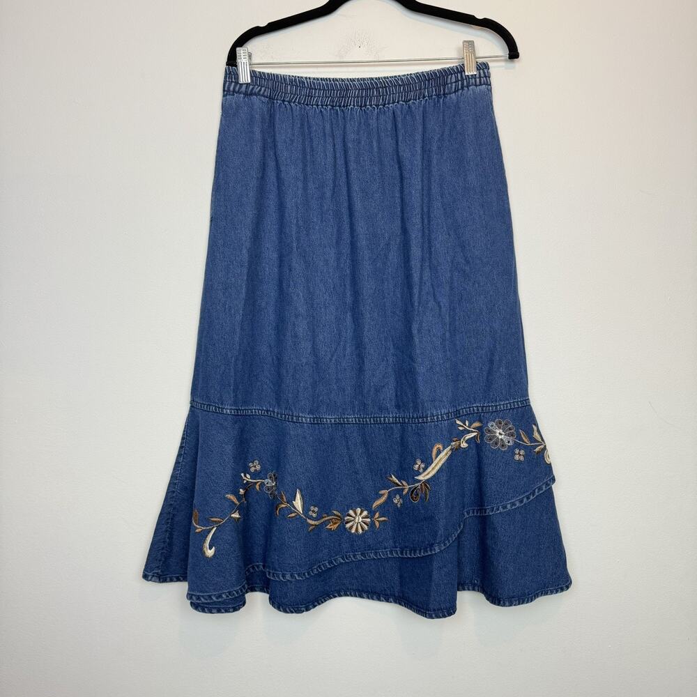 Vintage 90s embroidered denim midi skirt pockets boho western small